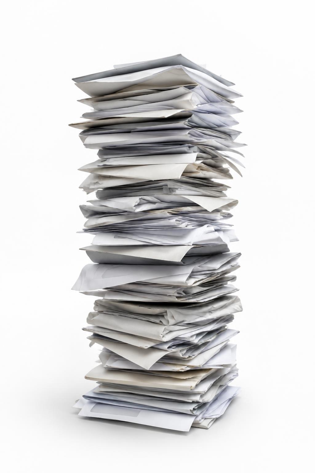 A tall stack of household bills and paperwork